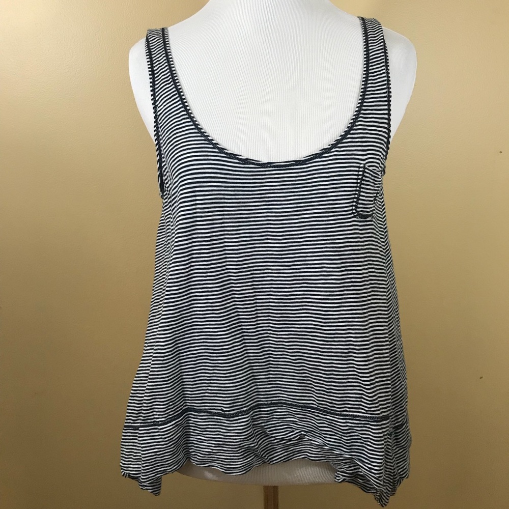 Max Studio Blue and White Striped Ruffle Hem Tank